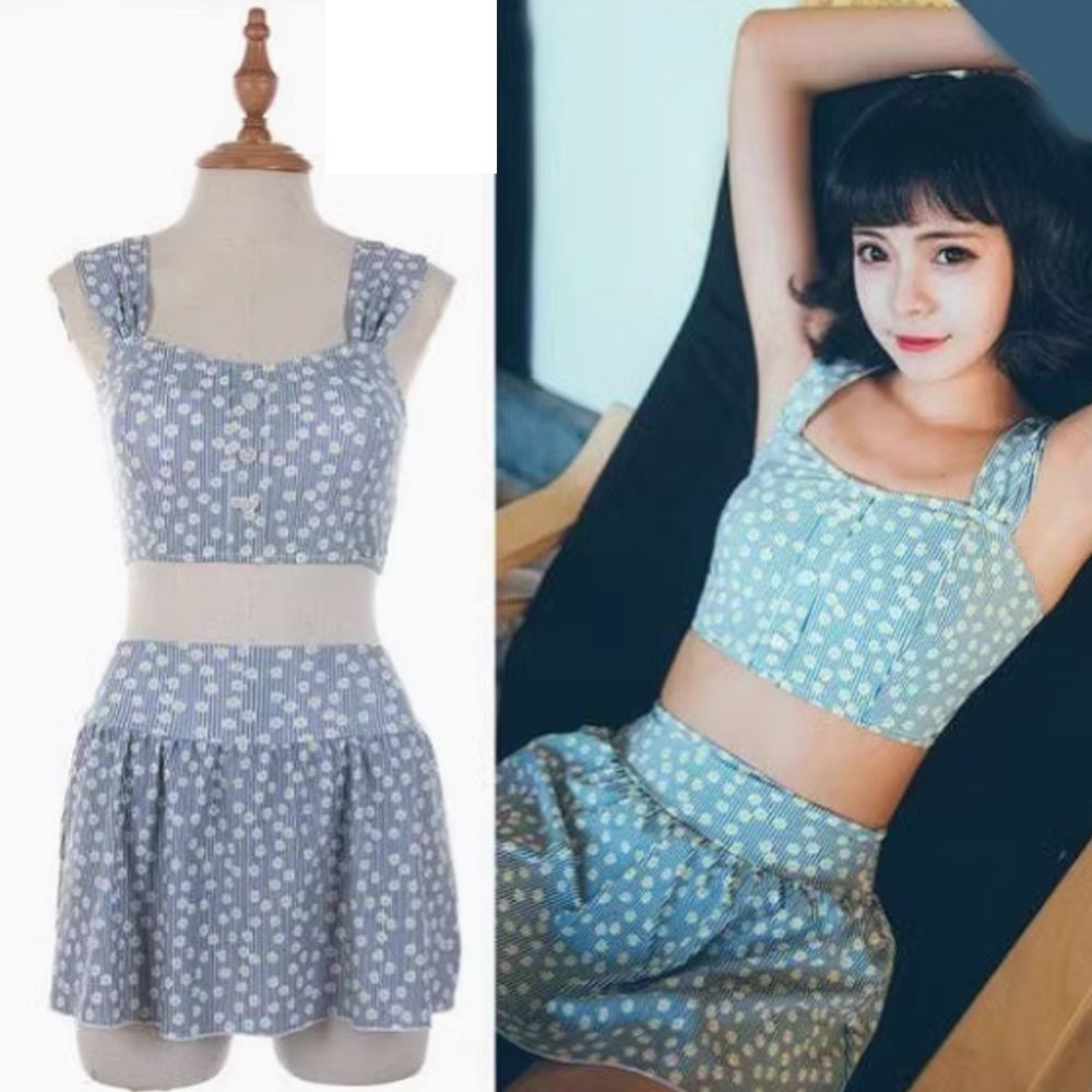 Biki 比基尼妮 少女系小黃花二件式露肚短裙泳衣泳裝(M-XL)