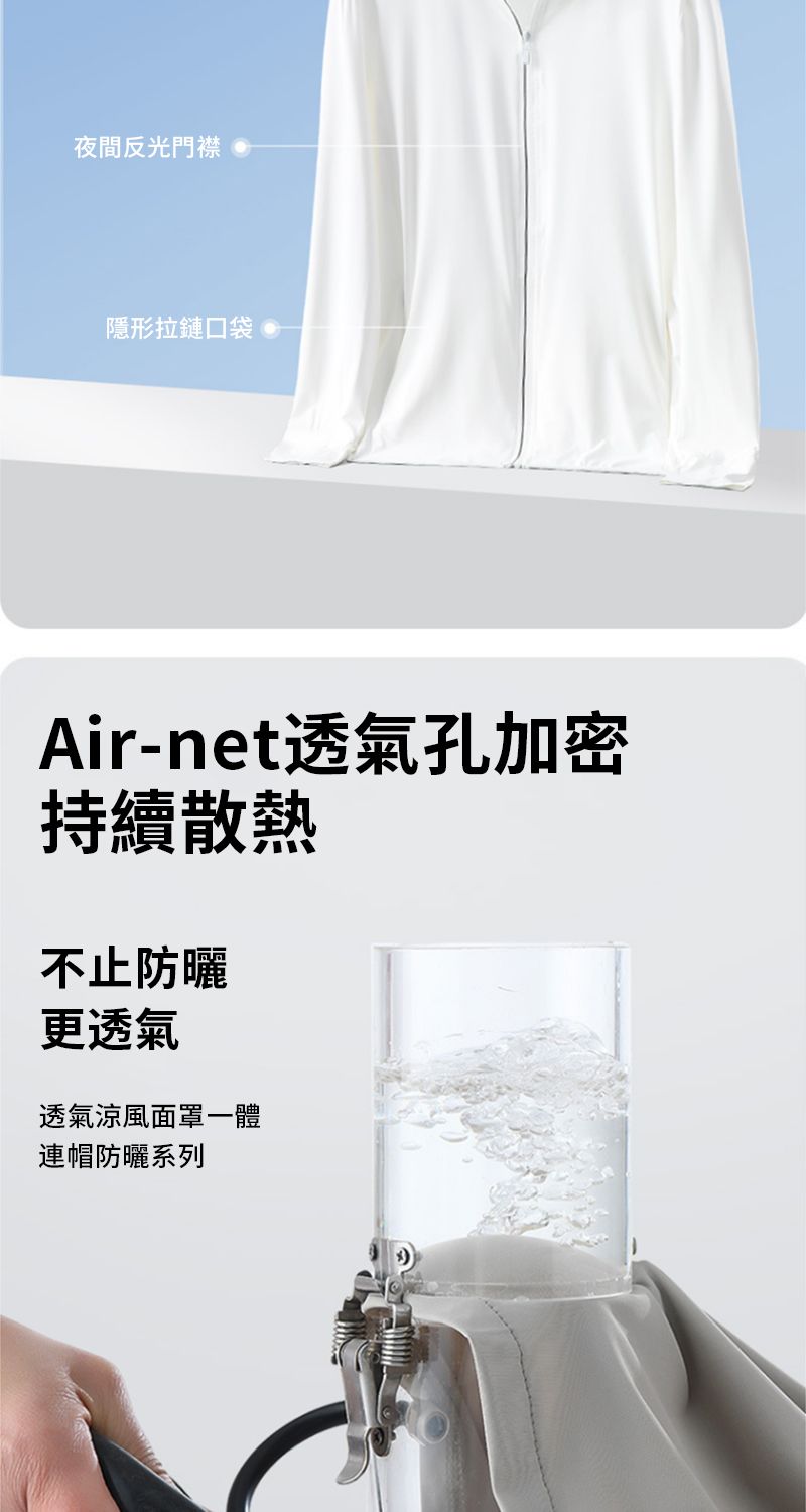 夜間反光門襟隱形拉鏈口袋Air-net透氣孔加密持續散熱不止防曬更透氣透氣涼風面罩一體連帽防曬系列