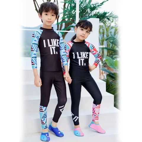 Biki 比基尼妮 幾何長袖泳裝兒童泳衣小朋友二件式(M-4L)