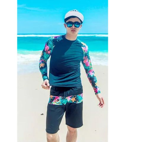 比基尼妮.M-XL花間情侶泳衣長袖泳衣-男上衣+五分褲(男購買)