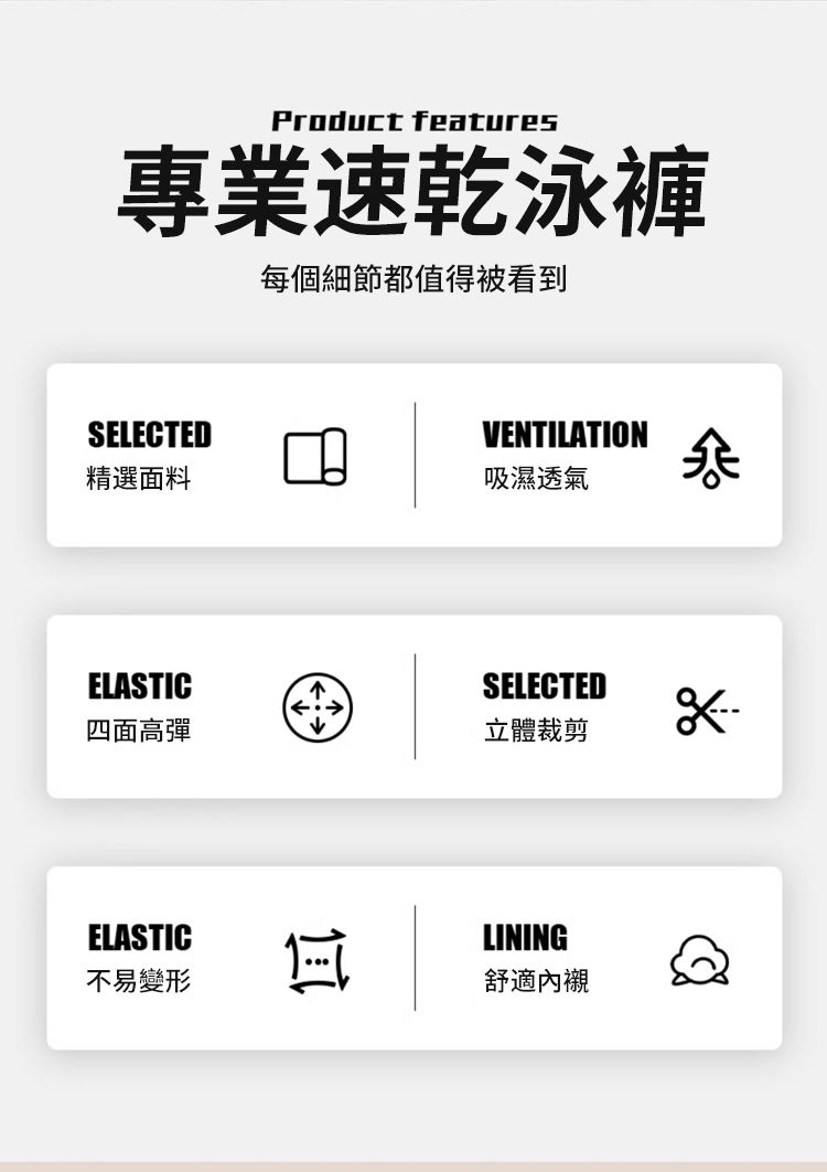 Product features專業速乾泳褲每個細節都值得被看到SELECTED精選面料ELASTIC四面高彈ELASTIC不易變形VENTILATION吸濕透氣SELECTED立體裁剪LINING舒適