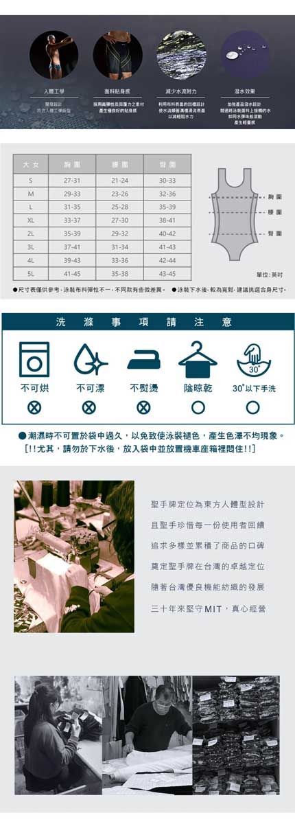 減少流附潑水採用貼身使水流力的水21-2430-33M29-33L31-3525-28XL33-3727-302L29-3240-4237-4141-434L39-4342-445L41-4543-45單位:英吋尺寸表僅供布料彈性不一不微差異 下水後挑選合身尺寸。洗 滌事項請注意同30不可烘不可漂不熨燙晾乾 30以下手洗潮濕時不可置於袋中過久,以免致使泳裝褪色,產生色澤不均現象。[!!尤其,請勿於下水後,放入袋中並放置機車座箱裡住!!]聖手牌定位為東方人體型設計且聖手珍惜每一份使用者回饋追求多樣並累積了商品的口碑奠定聖手牌在台灣的卓越定位隨著台灣優良機能紡織的發展三十年來堅守MIT,真心經營