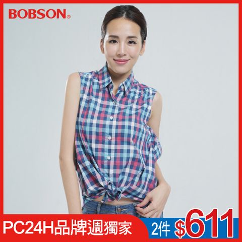 BOBSON 女款格子綁式襯衫(24133-55)