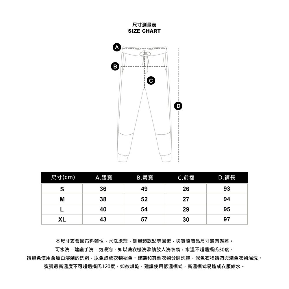 AB尺寸測量表IZE HARTCD尺寸(cm)A.腰寬B. 臀寬C.前襠D.褲長S36492693M38522794L40542995XL43573097本尺寸表會因布料彈性、水洗處理、測量起訖點等因素與實際商品尺寸略有誤差。可水洗,建議手洗,勿浸泡。如以洗衣機洗滌請放入洗衣袋,水溫不超過攝氏30度。請避免使用含漂白溶劑的洗劑,以免造成衣物褪色。建議和其他衣物分開洗滌,深色衣物請勿與淺色衣物混洗。熨燙最高溫度不可超過攝氏120度。如欲烘乾,建議使用低溫模式,高溫模式易造成衣服縮水。