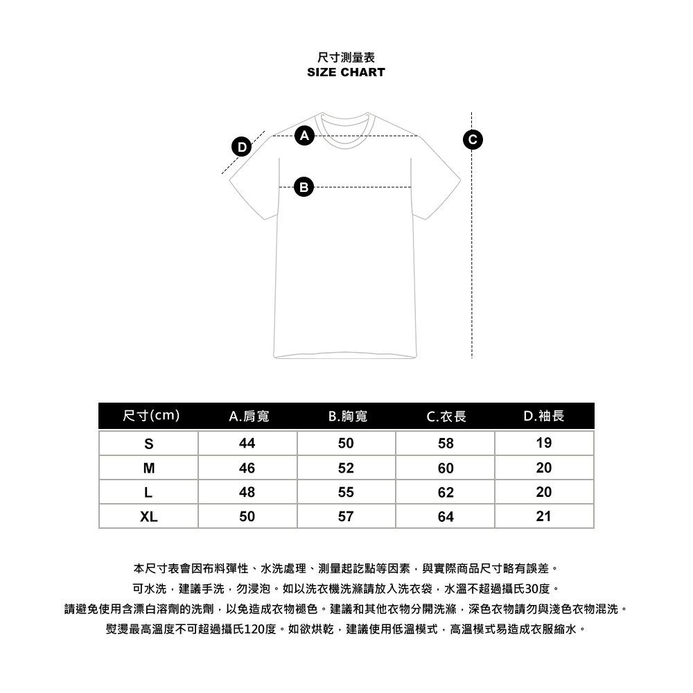 DAB尺寸測量表IZE CHARTC尺寸(cm)A.肩寬B.胸寬C.衣長D.袖長S445058M46526020L4855XL5057 192021本尺寸表會因布料彈性、水洗處理、測量起訖點等因素與實際商品尺寸略有誤差。可水洗建議手洗,勿浸泡。如以洗衣機洗滌請放入洗衣袋,水溫不超過攝氏30度。請避免使用含漂白溶劑的洗劑,以免造成衣物褪色。建議和其他衣物分開洗滌,深色衣物請勿與淺色衣物混洗。熨燙最高溫度不可超過攝氏120度。如欲烘乾,建議使用低溫模式,高溫模式易造成衣服縮水。