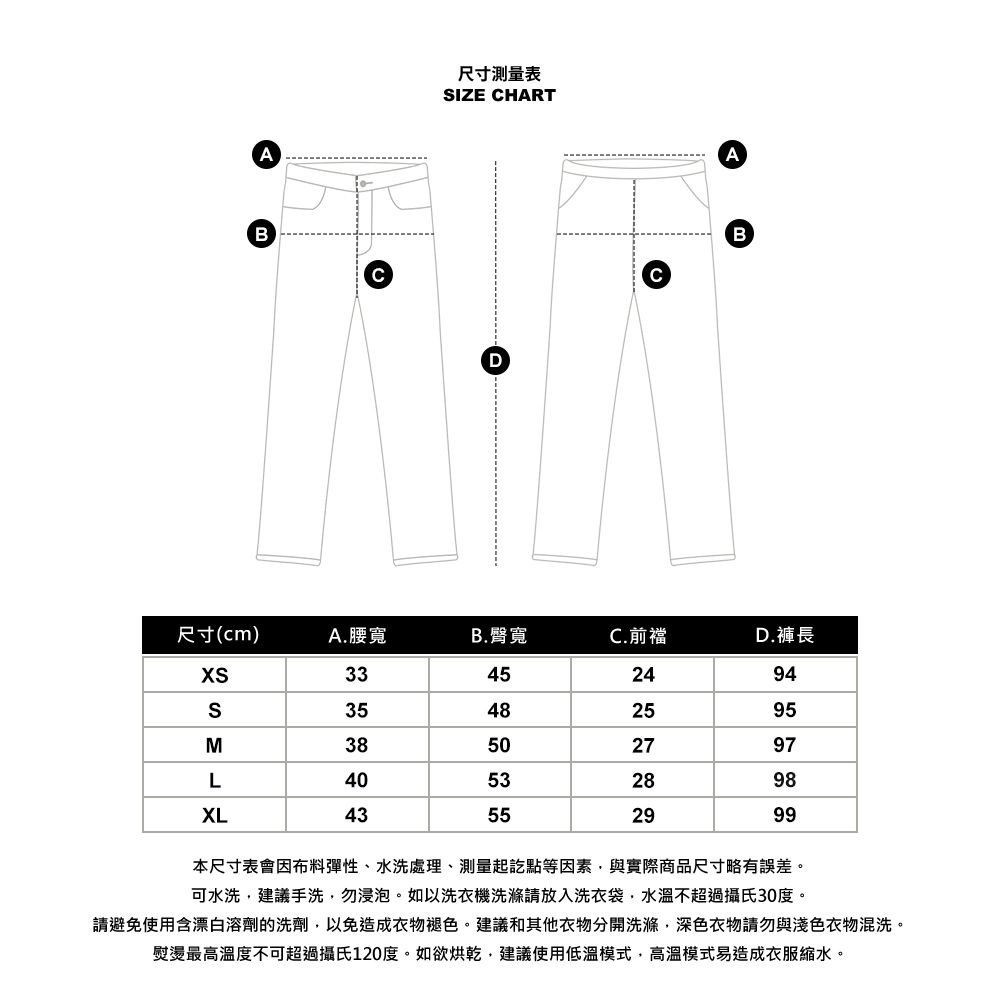 AB尺寸測量表IZE HARTDCAB尺寸(cm)A.腰寬B.臀寬C.前襠D.褲長33452494S35482595M38502797L40532898XL43552999本尺寸表會因布料彈性、水洗處理、測量起訖點等因素與實際商品尺寸略有誤差。可水洗建議手洗,勿浸泡。如以洗衣機洗滌請放入洗衣袋,水溫不超過攝氏30度。請避免使用含漂白溶劑的洗劑,以免造成衣物褪色。建議和其他衣物分開洗滌,深色衣物請勿與淺色衣物混洗。熨燙最高溫度不可超過攝氏120度。如欲烘乾,建議使用低溫模式,高溫模式易造成衣服縮水。