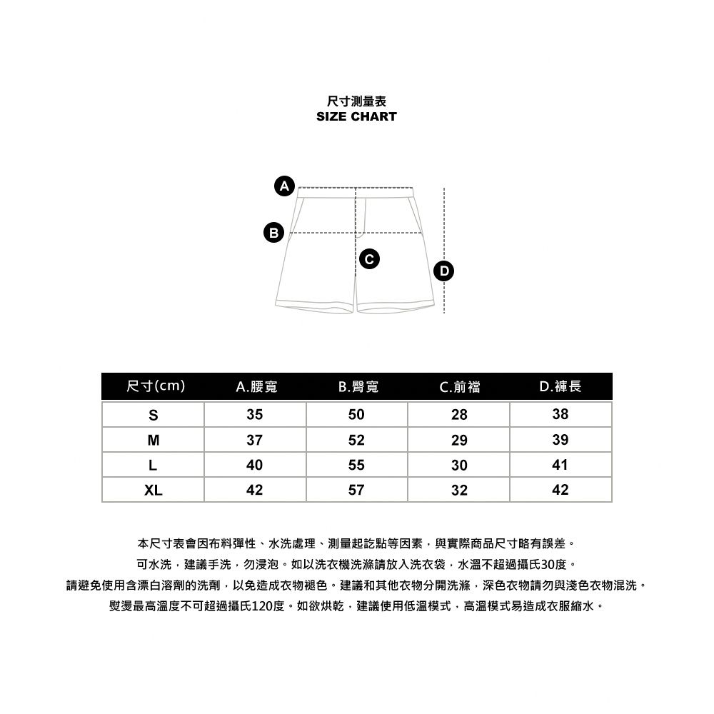 BA尺寸測量表SIZE CHARTD尺寸(cm)A.腰寬B.臀寬C.前襠D.褲長SM3550283837522939L40553041XL42573242本尺寸表會因布料彈性、水洗處理、測量起訖點等因素與實際商品尺寸略有誤差。可水洗建議手洗,勿浸泡。如以洗衣機洗滌請放入洗衣袋,水溫不超過攝氏30度。請避免使用含漂白溶劑的洗劑,以免造成衣物褪色。建議和其他衣物分開洗滌,深色衣物請勿與淺色衣物混洗。熨燙最高溫度不可超過攝氏120度。如欲烘乾,建議使用低溫模式,高溫模式易造成衣服縮水。