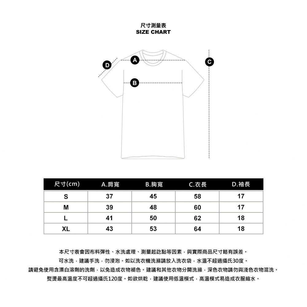 DAB尺寸測量表IZE CHARTC尺寸(cm)A. 肩寬B.胸寬C.衣長D.袖長S37455817M39486017L4150XL4353 1818本尺寸表會因布料彈性、水洗處理、測量起訖點等因素與實際商品尺寸略有誤差。可水洗建議手洗,勿浸泡。如以洗衣機洗滌請放入洗衣袋,水溫不超過攝氏30度。請避免使用含漂白溶劑的洗劑,以免造成衣物褪色。建議和其他衣物分開洗滌,深色衣物請勿與淺色衣物混洗。熨燙最高溫度不可超過攝氏120度。如欲烘乾,建議使用低溫模式,高溫模式易造成衣服縮水。