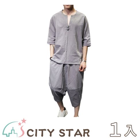 CITY STAR 古風棉麻男款休閒套裝(短袖+七分褲)