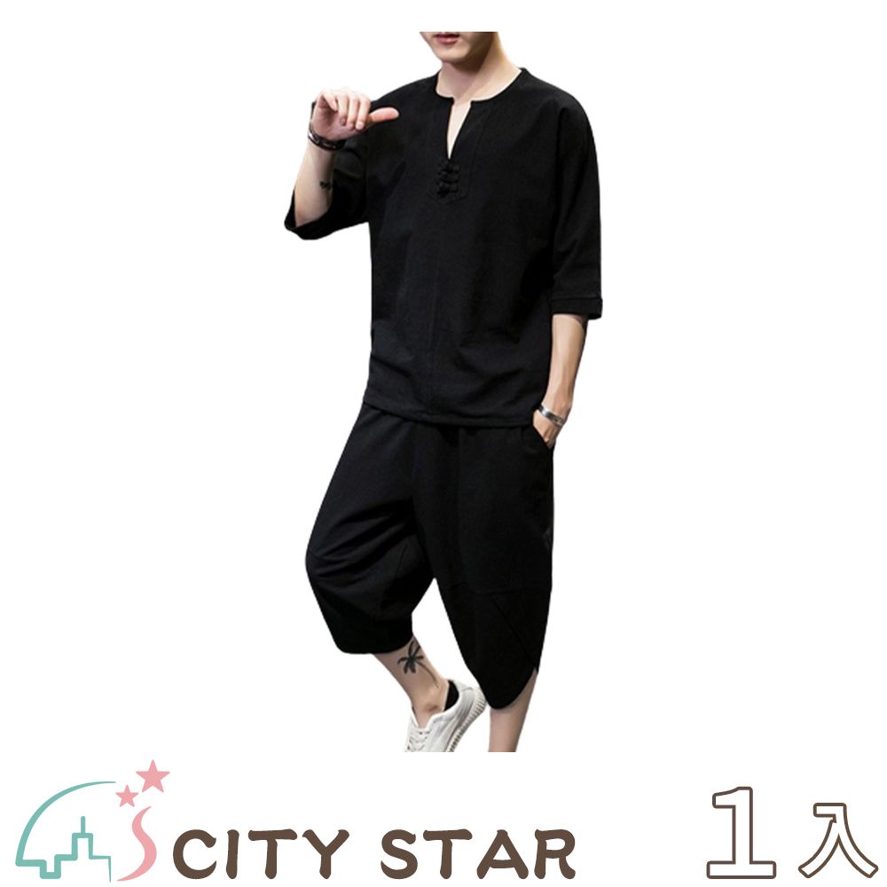 CITY STAR 古風棉麻男款休閒套裝(短袖+七分褲)