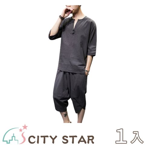 CITY STAR 古風棉麻男款休閒套裝(短袖+七分褲)