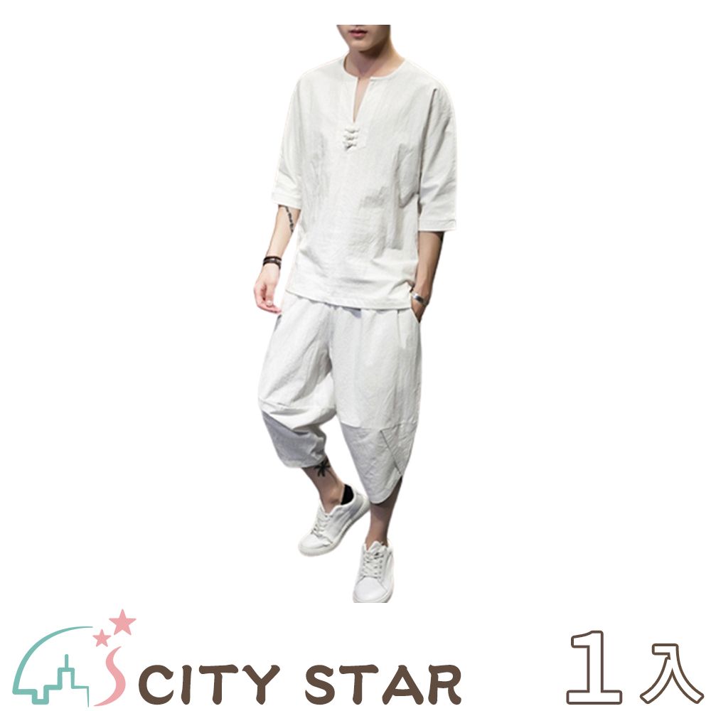 CITY STAR 古風棉麻男款休閒套裝(短袖+七分褲)