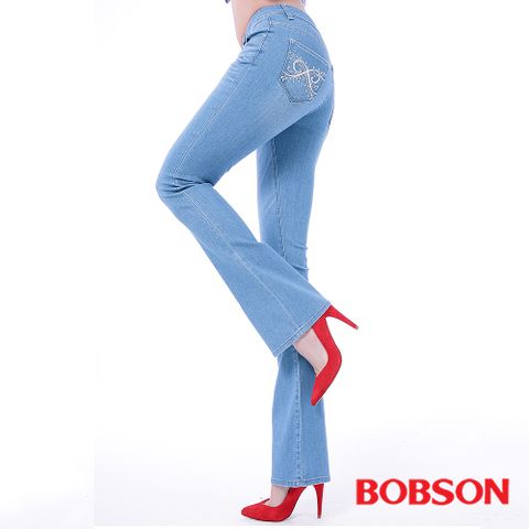 【BOBSON】女款女款木醣醇伸縮小喇叭褲(9093-58)