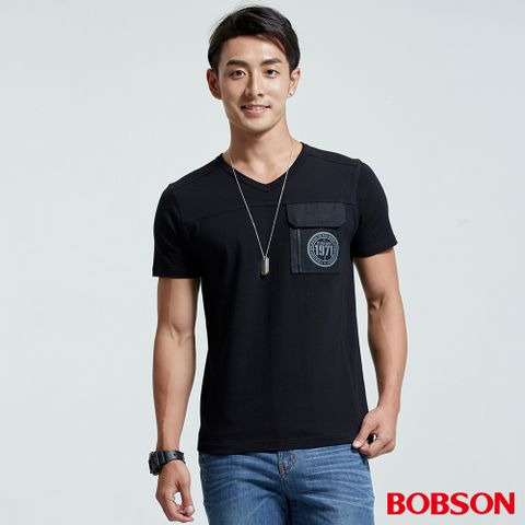 BOBSON 男款短袖V領貼袋上衣(26025-88)