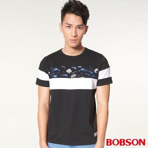 【BOBSON】男款短袖剪接拼色印圖上衣(27018-88)