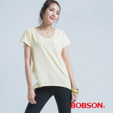 【BOBSON】女款短袖半透橫條寬版上衣(23084-31)