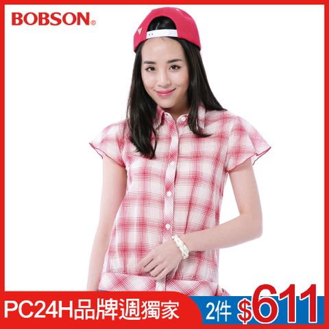 BOBSON 女款短袖格子布上衣(23134-13)