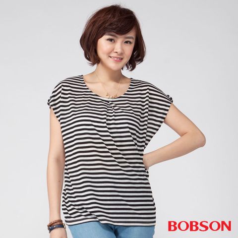 【BOBSON】女款短袖條紋配雪紡紗上衣(24112-88)