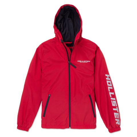 Hollister 海鷗 熱銷文字鋪棉保暖防風防潑水連帽風衣外套-紅色