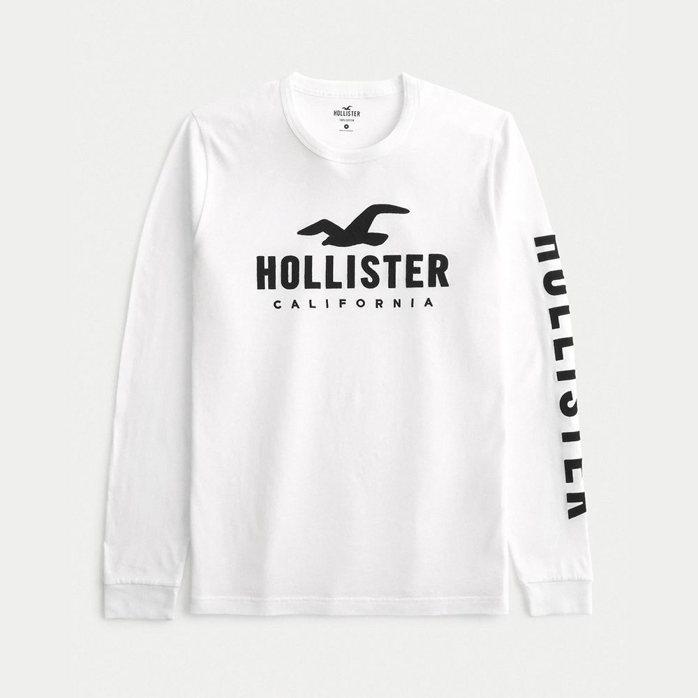 Hollister  海鷗 HCO 熱銷刺繡大海鷗文字圖案長袖T恤-白色