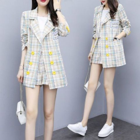 GIFT-韓版棉麻寬鬆格子西裝短褲套裝