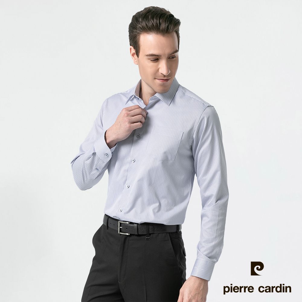 Pierre Cardin 皮爾卡登 男裝 環保機能性修身版條紋長袖襯衫-白底藍細條(62863-31)