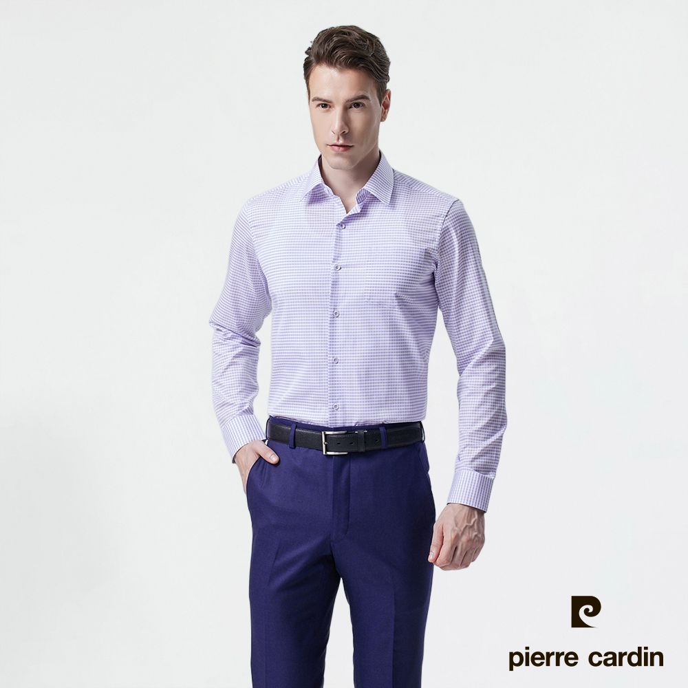 Pierre Cardin 皮爾卡登 男裝 經典風味修身版格紋長袖襯衫-淺紫(63809-22)