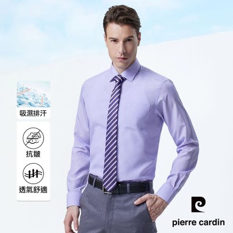 Pierre Cardin 皮爾卡登 男裝 吸濕排汗清新防皺修身版長袖襯衫紫小細格(91865-23)