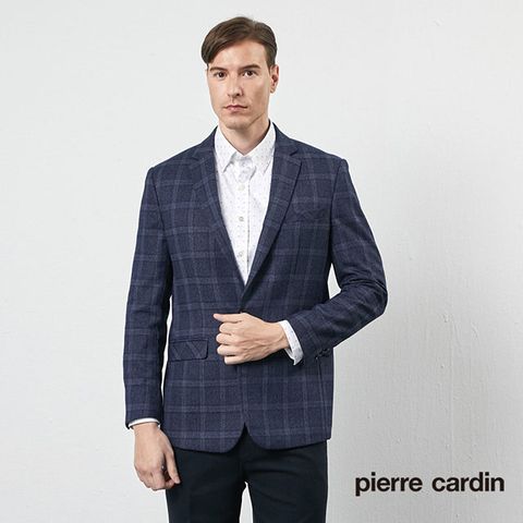 Pierre Cardin 皮爾卡登 男裝經典格紋休閒西裝外套-深藍 (5205572-38)