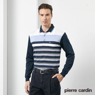 【pierre cardin 皮爾卡登】 男裝吸濕排汗橫條長袖polo衫-藍 (5205252-35)