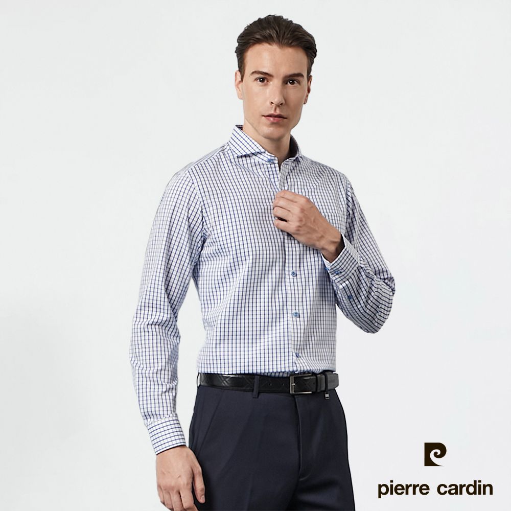 Pierre Cardin 皮爾卡登 男裝 都會休閒格紋修身版長袖襯衫-白底藍格(53810-32)