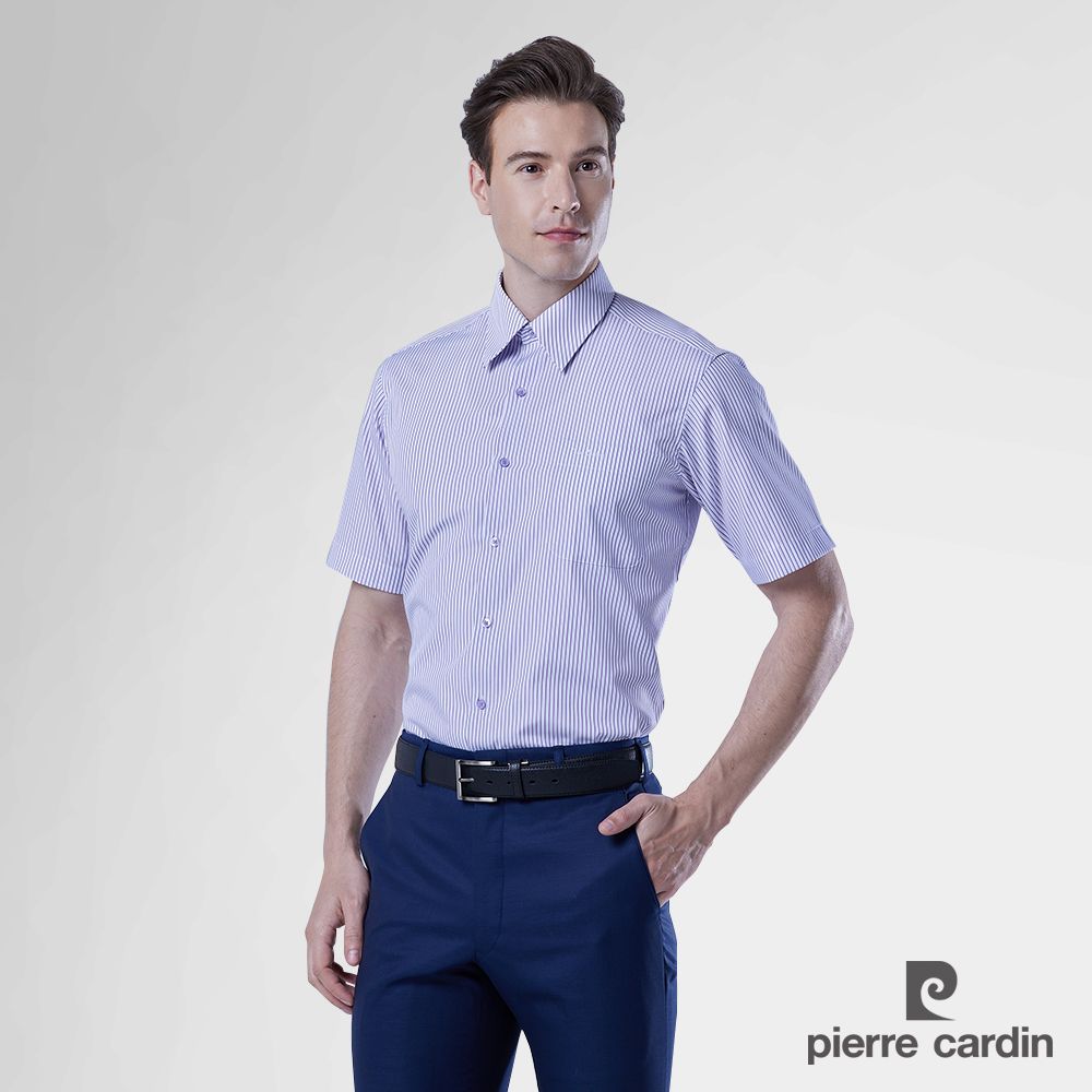 Pierre Cardin 皮爾卡登 男裝 嚴選條紋短袖襯衫_白底紫條(32254-22)