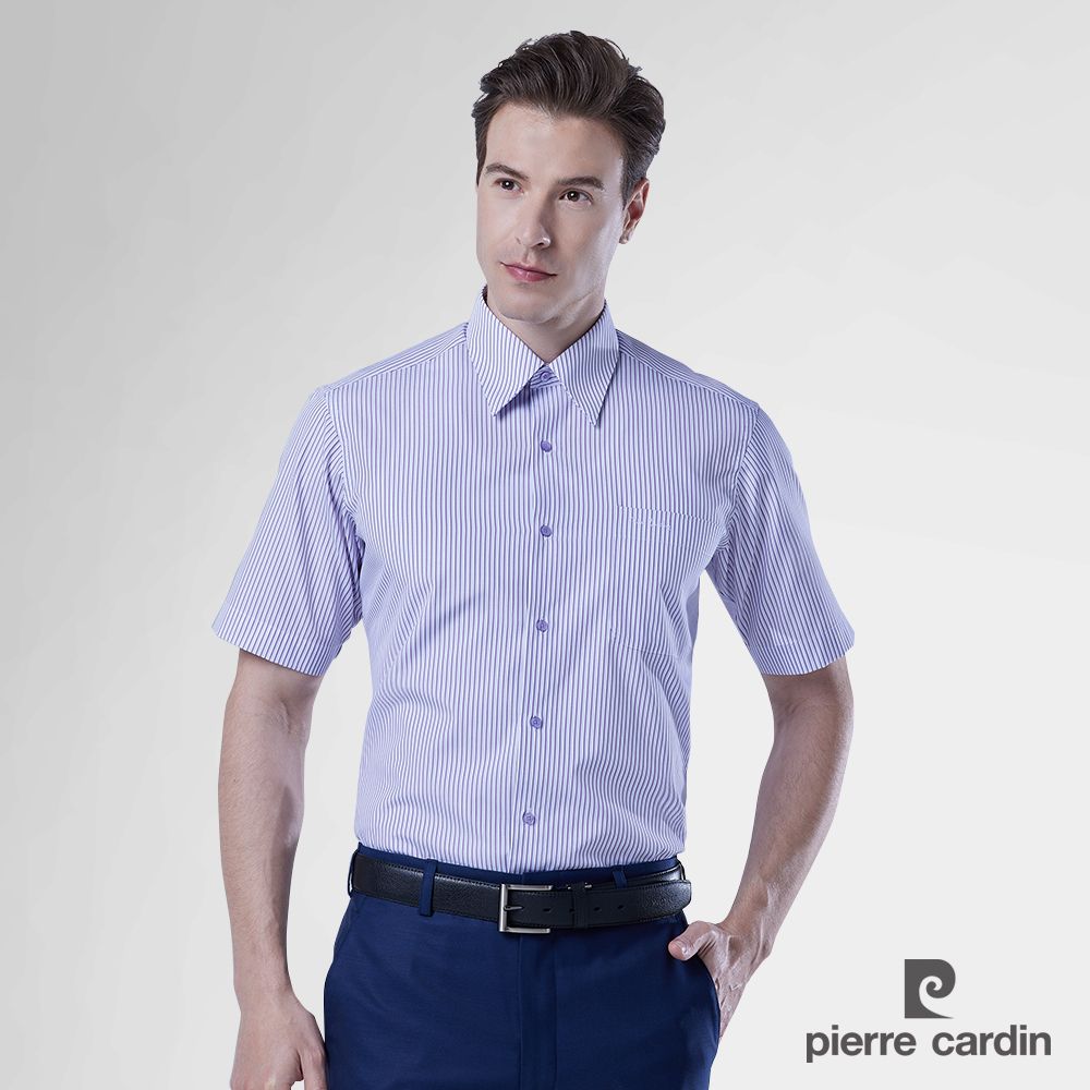 Pierre Cardin 皮爾卡登 男裝 嚴選條紋短袖襯衫_白底紫條(32254-22)