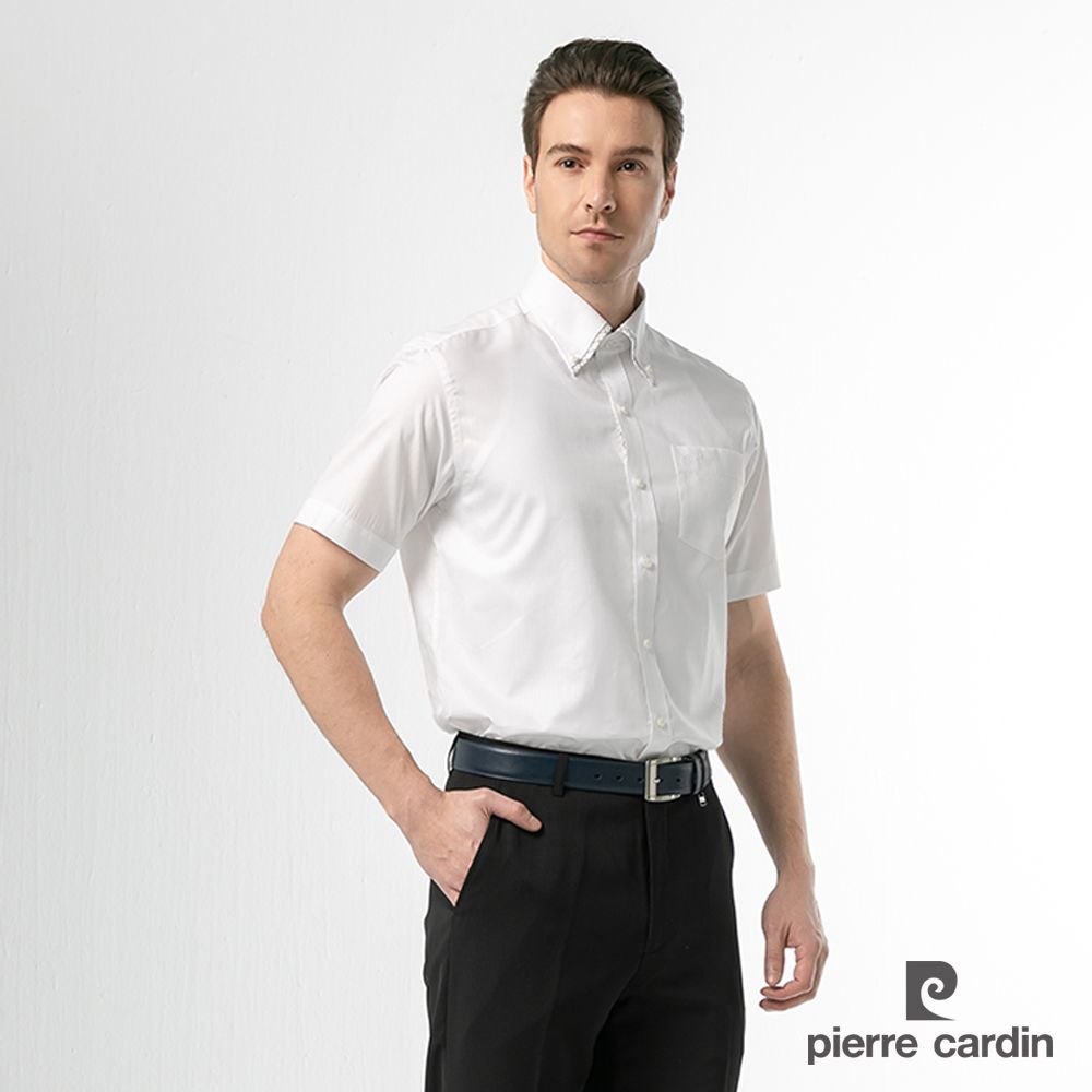 Pierre Cardin 皮爾卡登 男裝 日系品味釘釦領短袖襯衫_白色(61202-90)