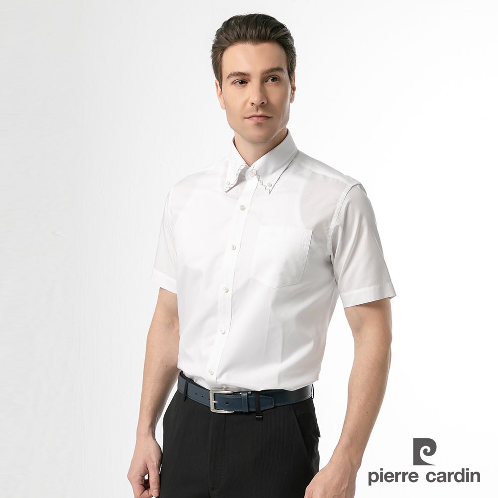 Pierre Cardin 皮爾卡登 男裝 日系品味釘釦領短袖襯衫_白色(61202-90)