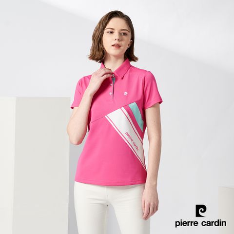 Pierre Cardin 皮爾卡登 女裝吸濕排汗定位剪接配色短袖polo衫-桃紅 (4217203-76)