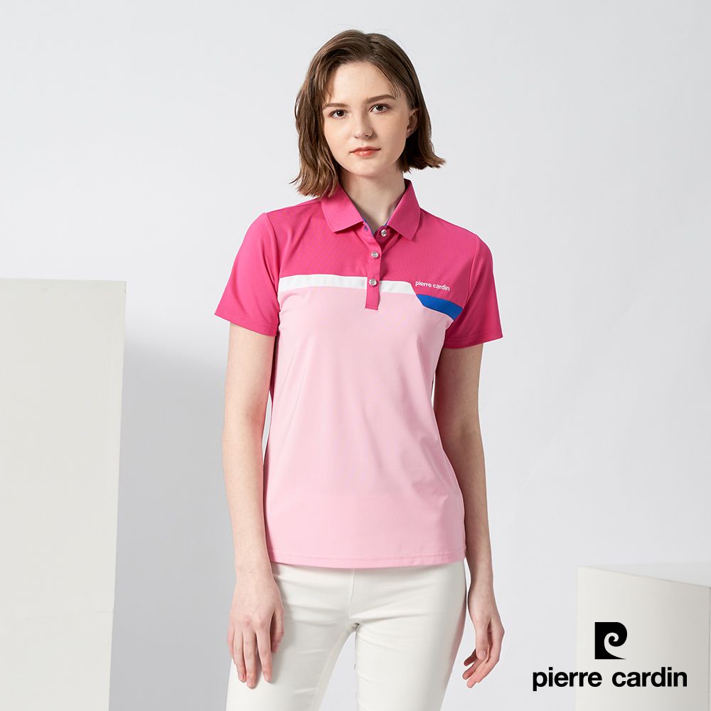 Pierre Cardin 皮爾卡登  女裝吸濕排汗定位剪接配色短袖polo衫-桃紅 (4217201-76)