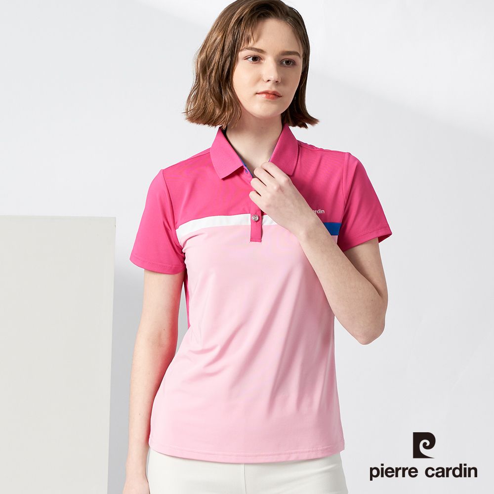 Pierre Cardin 皮爾卡登  女裝吸濕排汗定位剪接配色短袖polo衫-桃紅 (4217201-76)