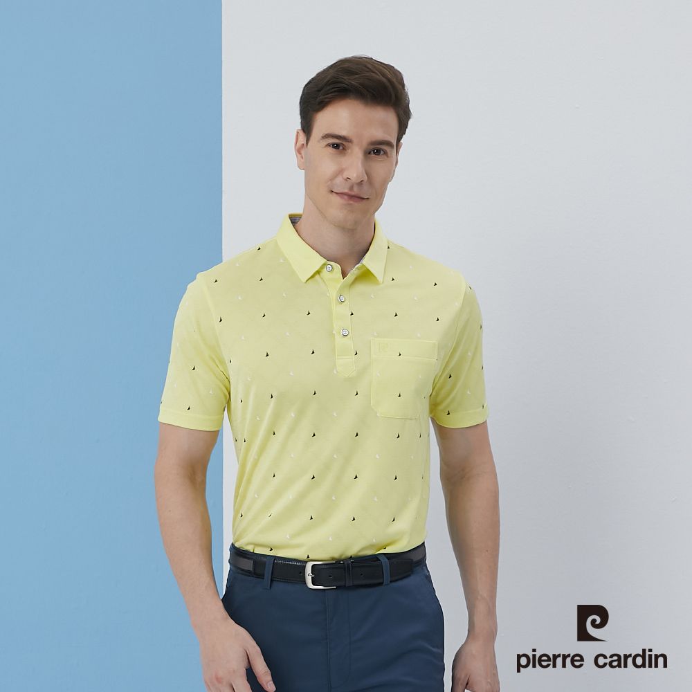 Pierre Cardin 皮爾卡登  男裝吸濕排汗緹花布加印花短袖polo衫-黃色 (5217204-53)