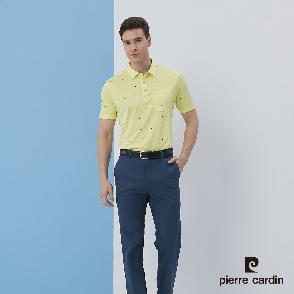 Pierre Cardin 皮爾卡登  男裝吸濕排汗緹花布加印花短袖polo衫-黃色 (5217204-53)