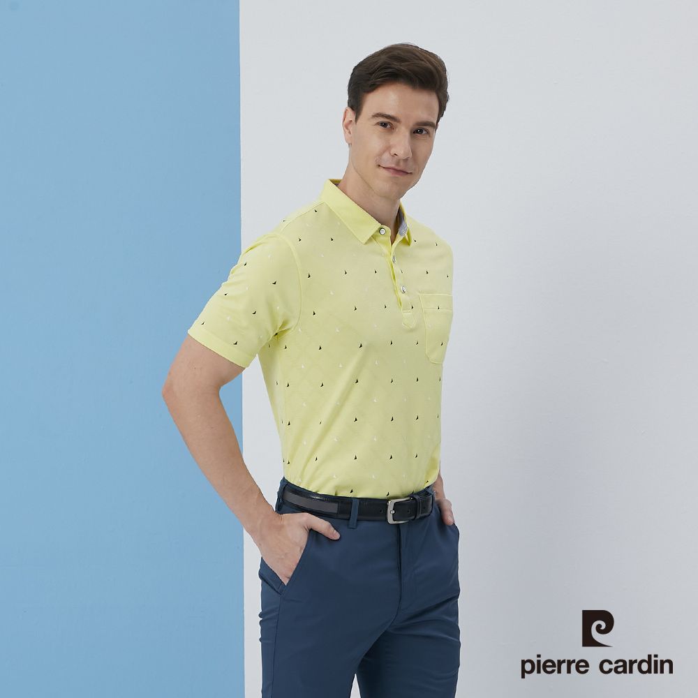 Pierre Cardin 皮爾卡登  男裝吸濕排汗緹花布加印花短袖polo衫-黃色 (5217204-53)