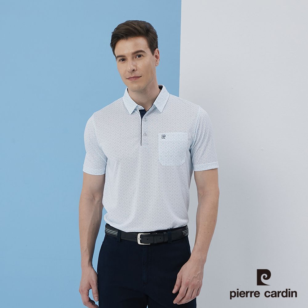 Pierre Cardin 皮爾卡登  男裝單面印花襯衫領短袖polo衫-淺水藍 (5217205-32)