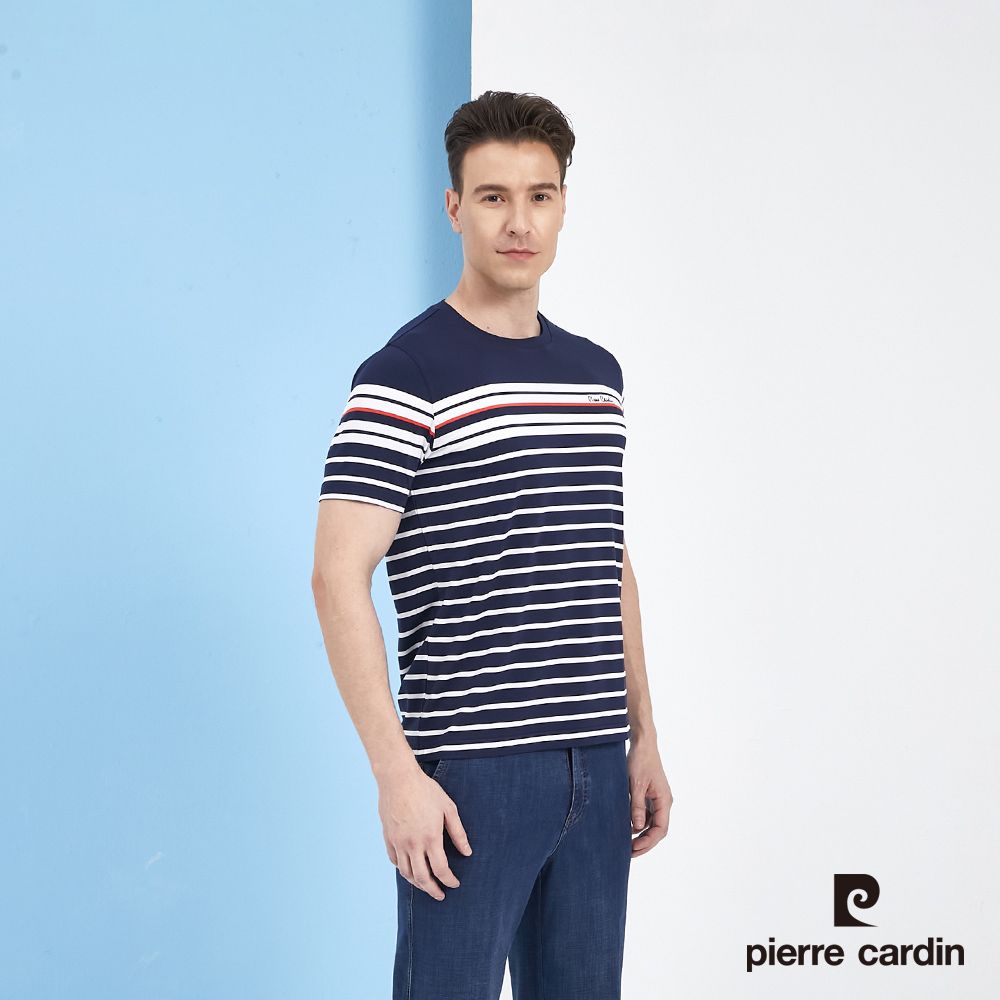 Pierre Cardin 皮爾卡登  男裝TOP條子短袖圓領衫-深藍色 (5217251-38)