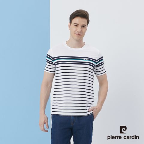 Pierre Cardin 皮爾卡登 男裝TOP條子短袖圓領衫-白色 (5217251-90)