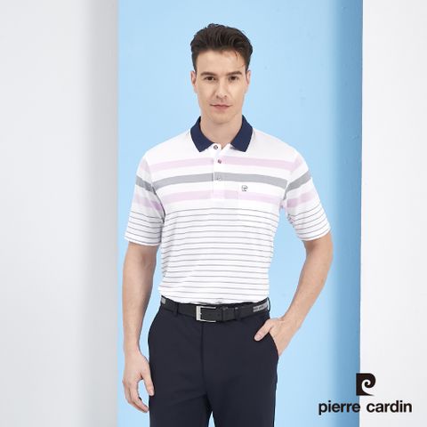 Pierre Cardin 皮爾卡登 男裝吸濕排汗定位橫條短袖polo衫-紫色 (5217294-26)