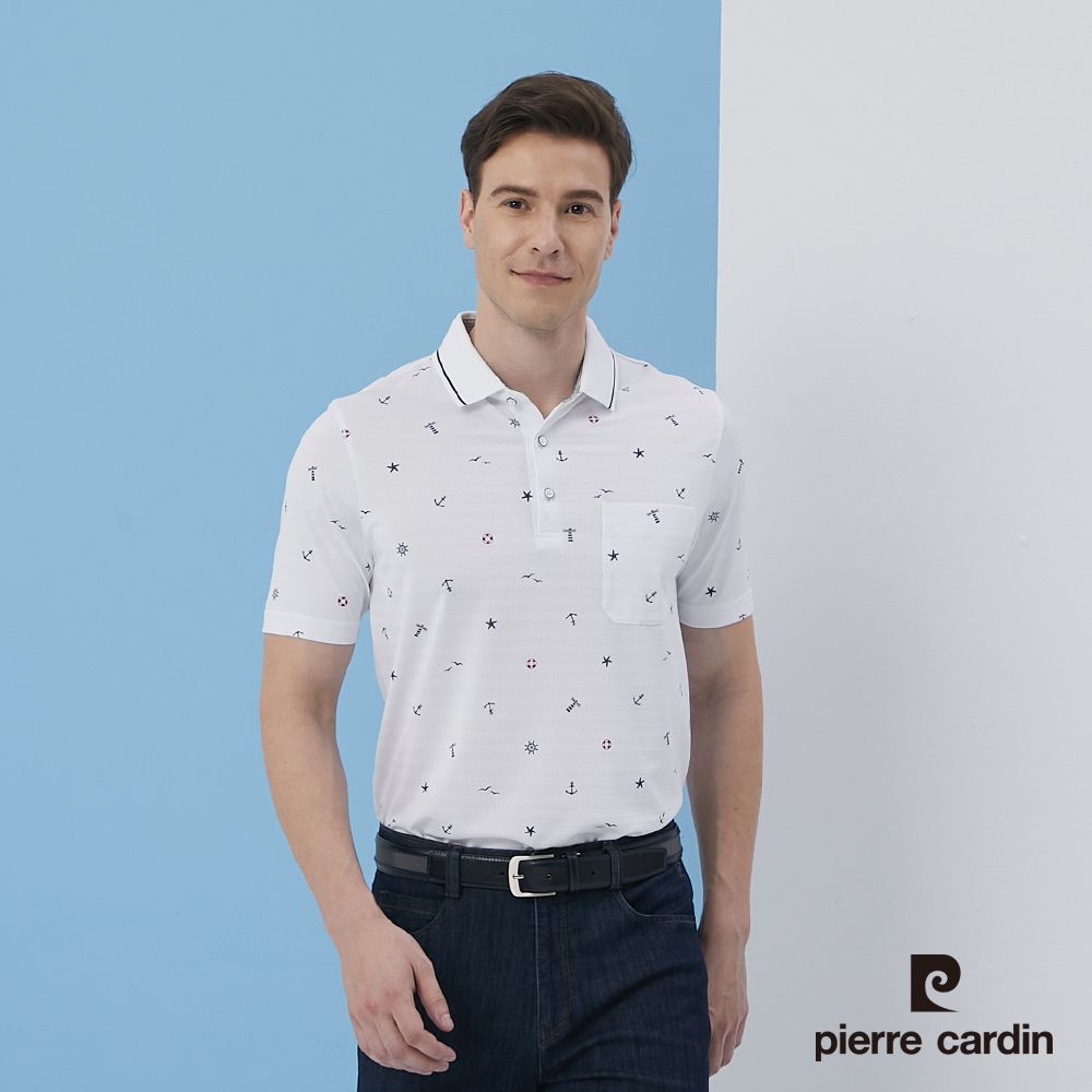 Pierre Cardin 皮爾卡登  男裝吸濕排汗緹花布加印花短袖Polo衫-白色 (5217202-90)