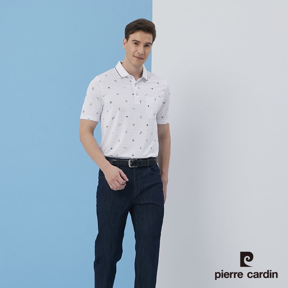 Pierre Cardin 皮爾卡登  男裝吸濕排汗緹花布加印花短袖Polo衫-白色 (5217202-90)