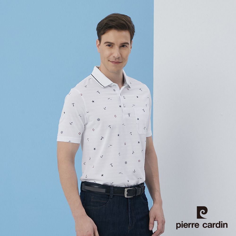 Pierre Cardin 皮爾卡登  男裝吸濕排汗緹花布加印花短袖Polo衫-白色 (5217202-90)