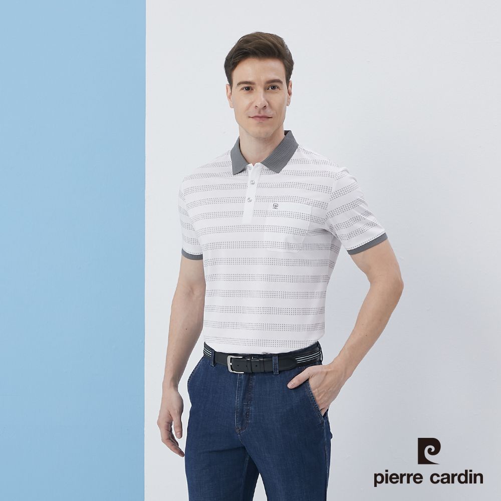 Pierre Cardin 皮爾卡登  男裝橫條印花短袖POLO衫-白色 (5217212-90)