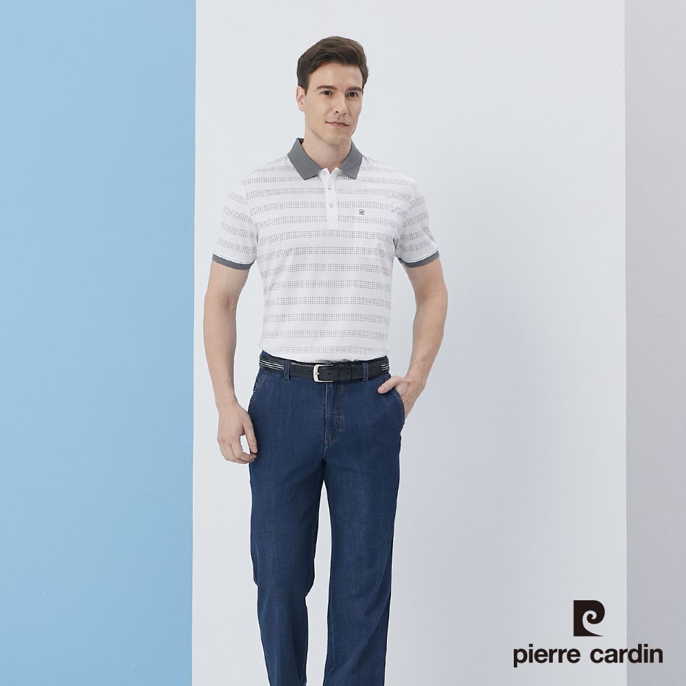 Pierre Cardin 皮爾卡登  男裝橫條印花短袖POLO衫-白色 (5217212-90)